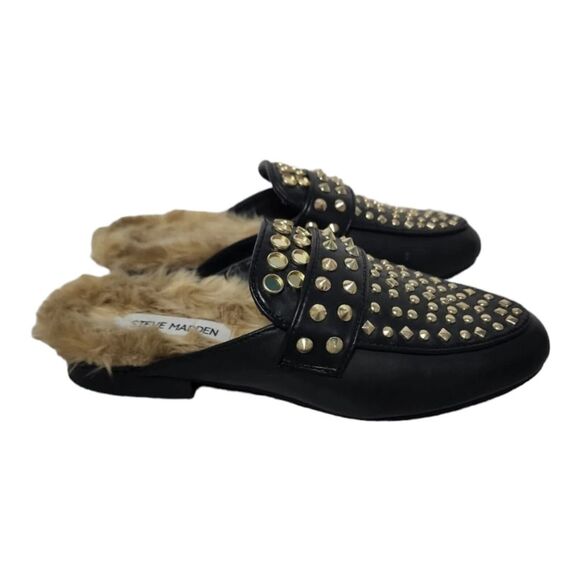 STEVE‎ MADDEN Flat Size 5.5 M Leather Lining Faux Fur Sock Studded Black Gold - Picture 1 of 12